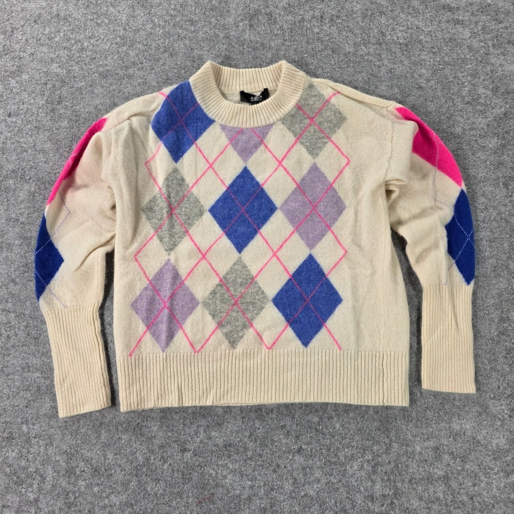 Aqua • 100% Cashmere • Cream Multi Argyle • XS Pullover Crew Neck